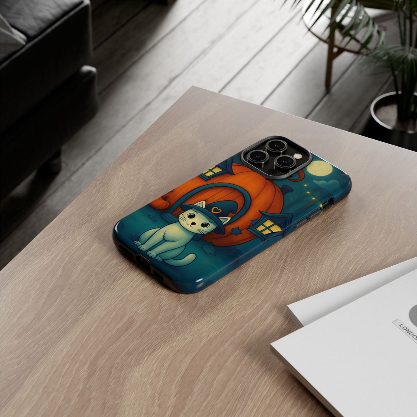 Spooky Halloween Cat Phone Case with Witch Hat and Pumpkin Design for iPhone and Android