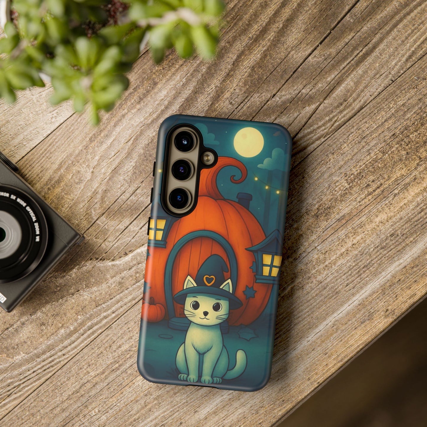 Spooky Halloween Cat Phone Case with Witch Hat and Pumpkin Design for iPhone and Android