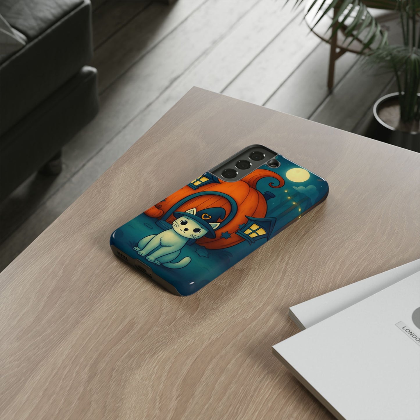 Spooky Halloween Cat Phone Case with Witch Hat and Pumpkin Design for iPhone and Android