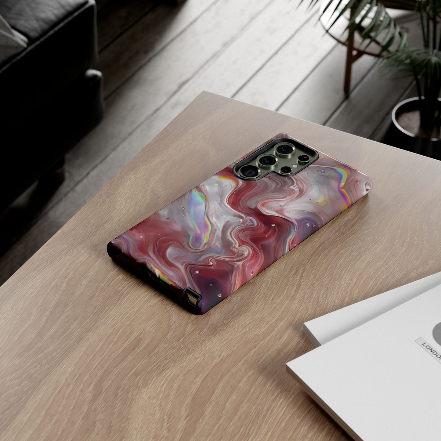 Abstract Swirl iPhone Case – Red & Holographic Marble Design - Durable & Stylish Cover