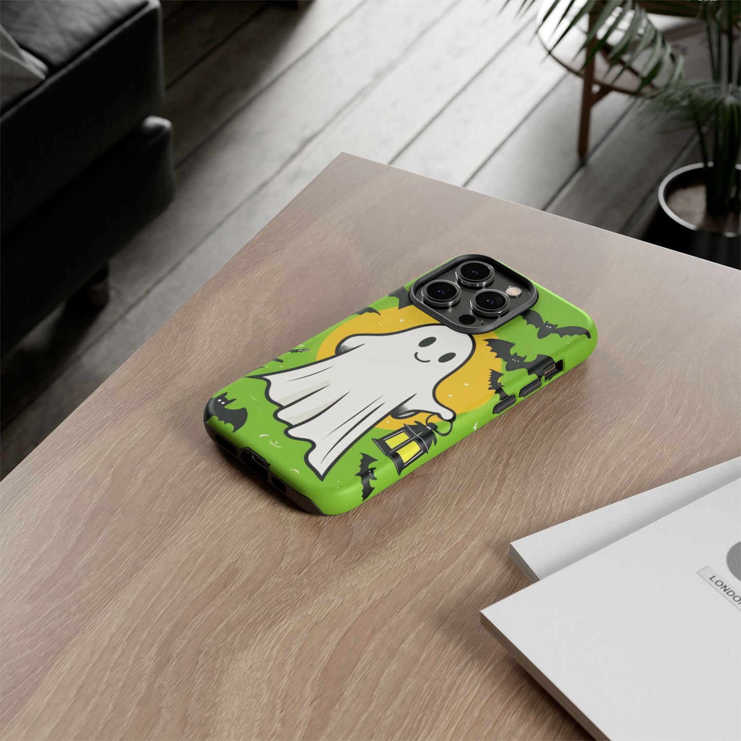 Cute Halloween Ghost Phone Case with Bats and Lantern – Perfect for Spooky Season