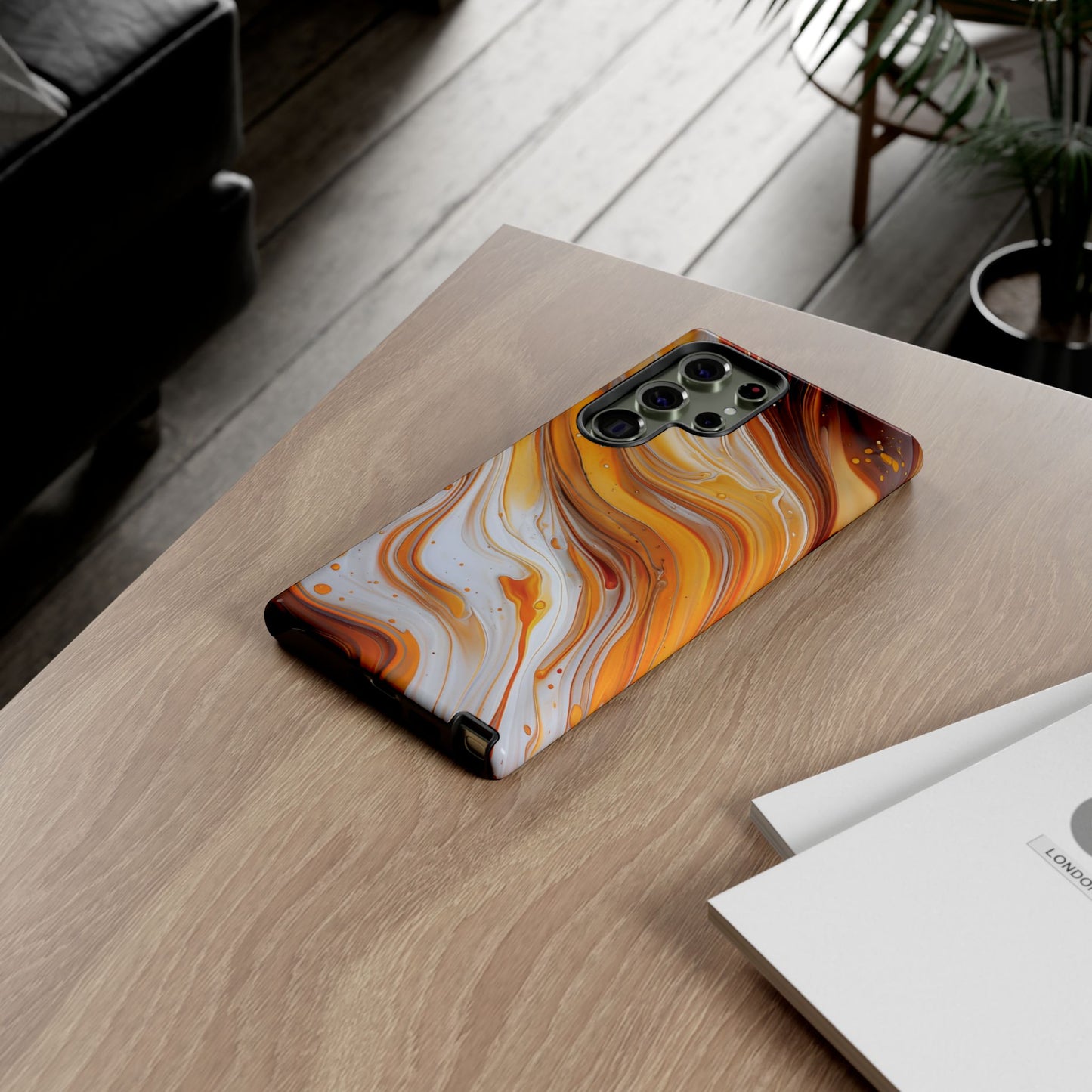 Artistic Swirl Phone Case – Orange, White & Brown Marble Texture