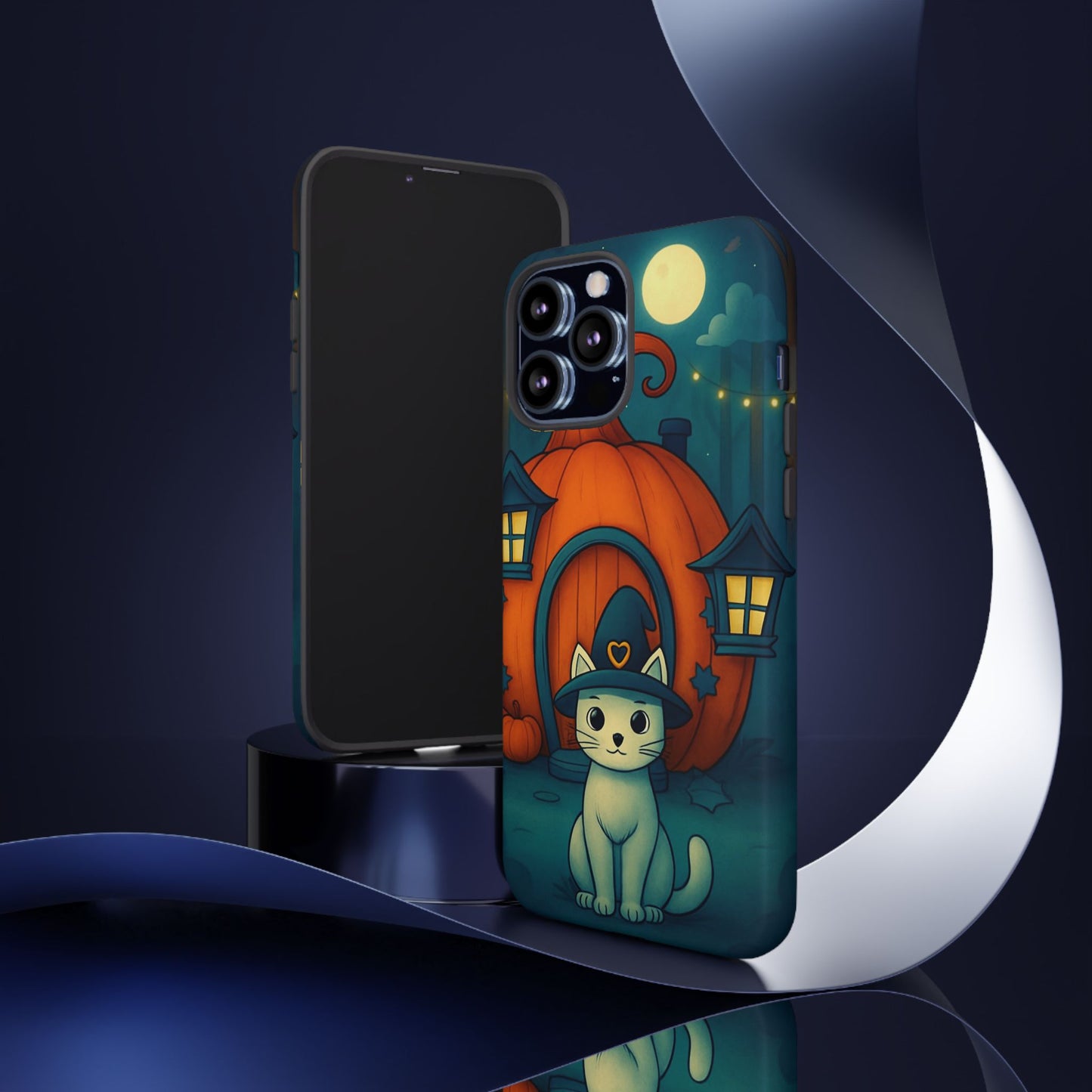 Spooky Halloween Cat Phone Case with Witch Hat and Pumpkin Design for iPhone and Android