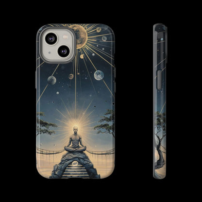 Phone Case Futuristic Meditating Figure in Cosmic Elements at Twilight – Sci-Fi Artwork