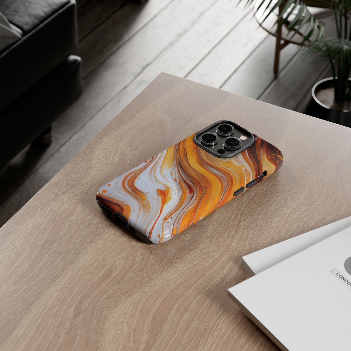 Artistic Swirl Phone Case – Orange, White & Brown Marble Texture