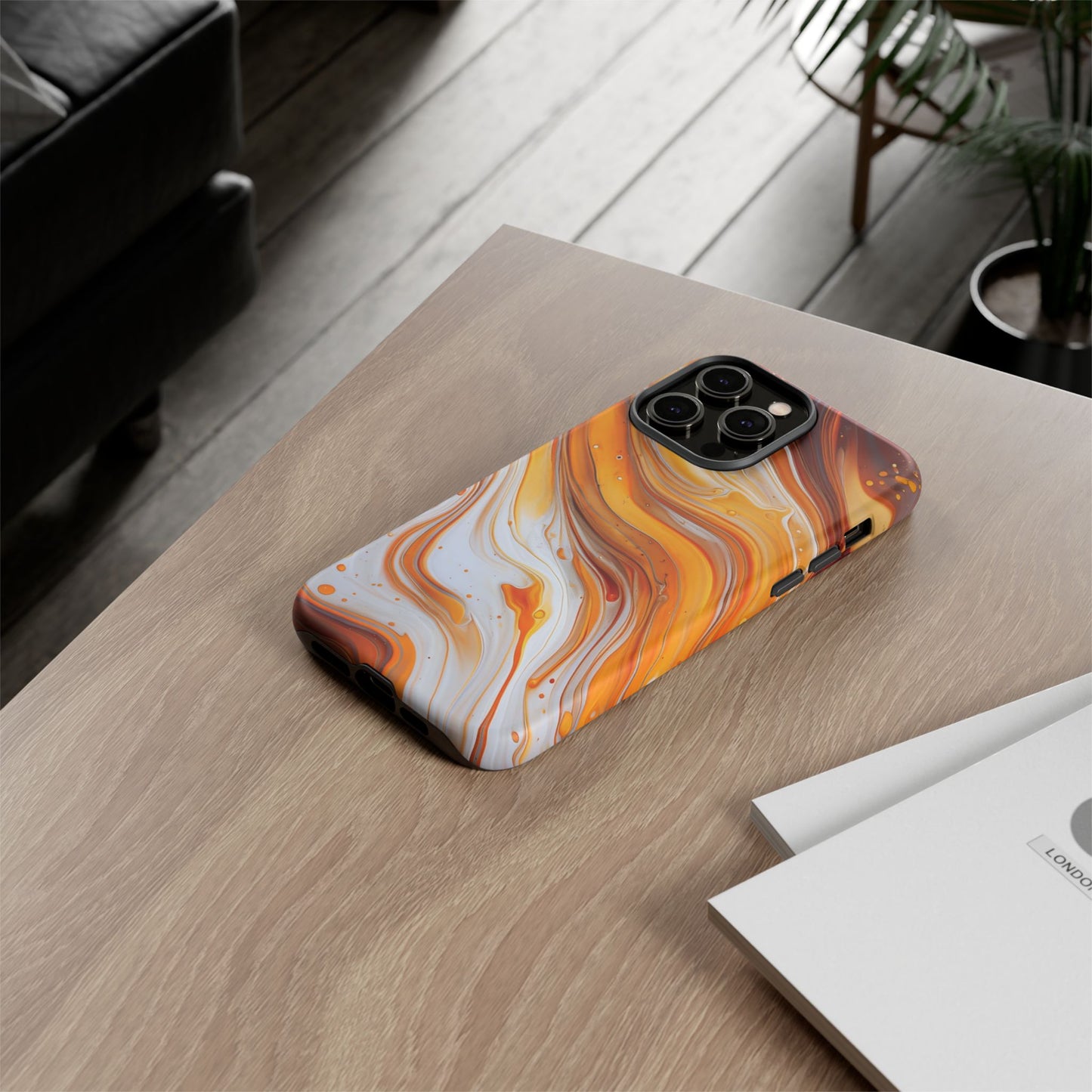 Artistic Swirl Phone Case – Orange, White & Brown Marble Texture