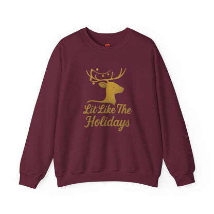 Christmas Sweatshirt "Lit Like The Holidays" – Reindeer Graphic Fleece Pullover, Festive Winter Gift