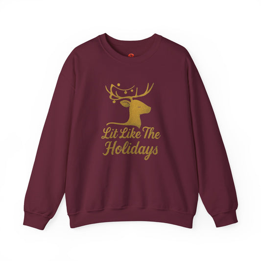 Christmas Sweatshirt "Lit Like The Holidays" – Reindeer Graphic Fleece Pullover, Festive Winter Gift
