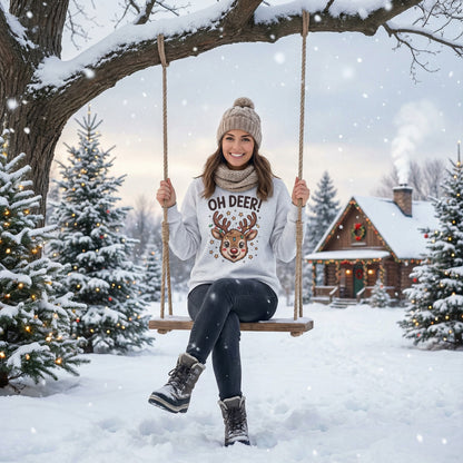 Christmas Sweatshirt “Oh Deer!” Cute Reindeer Graphic - Holiday Unisex Pullover