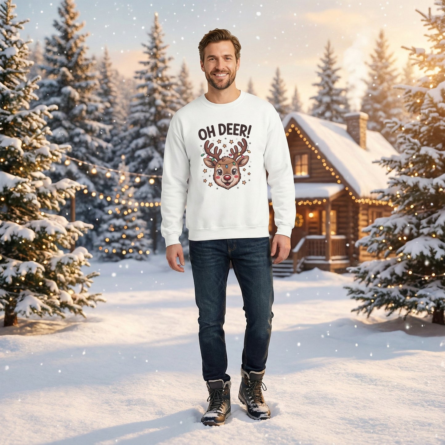 Christmas Sweatshirt “Oh Deer!” Cute Reindeer Graphic - Holiday Unisex Pullover