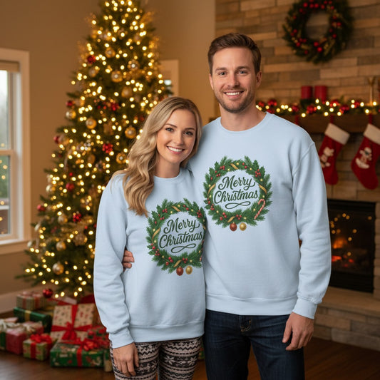 Christmas Holiday Sweatshirt with Festive Wreath Design – Unisex Xmas Sweater