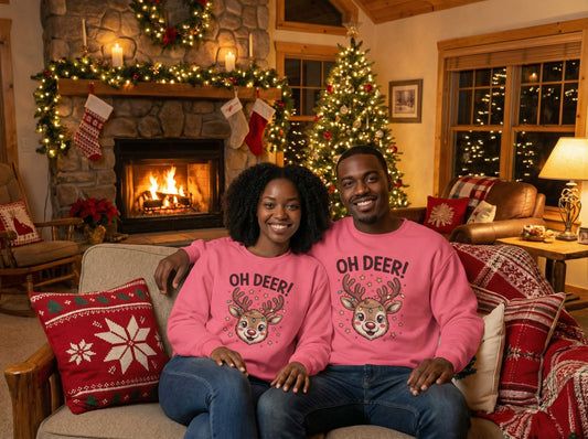 Christmas Sweatshirt “Oh Deer!” Cute Reindeer Graphic - Holiday Unisex Pullover