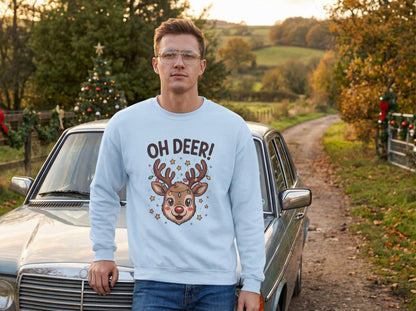 Christmas Sweatshirt “Oh Deer!” Cute Reindeer Graphic - Holiday Unisex Pullover
