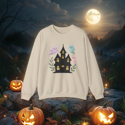 Kawaii Ghosts Halloween Sweatshirt – Cute Haunted House Crewneck, Cozy Unisex Fall Pullover, Adorable Spooky Season Gift