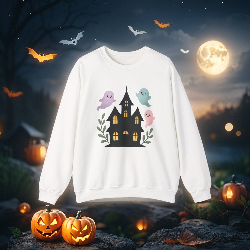 Kawaii Ghosts Halloween Sweatshirt – Cute Haunted House Crewneck, Cozy Unisex Fall Pullover, Adorable Spooky Season Gift