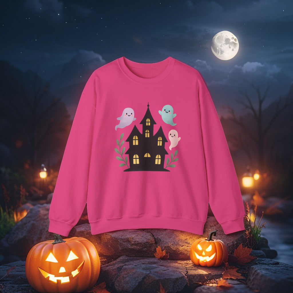 Kawaii Ghosts Halloween Sweatshirt – Cute Haunted House Crewneck, Cozy Unisex Fall Pullover, Adorable Spooky Season Gift