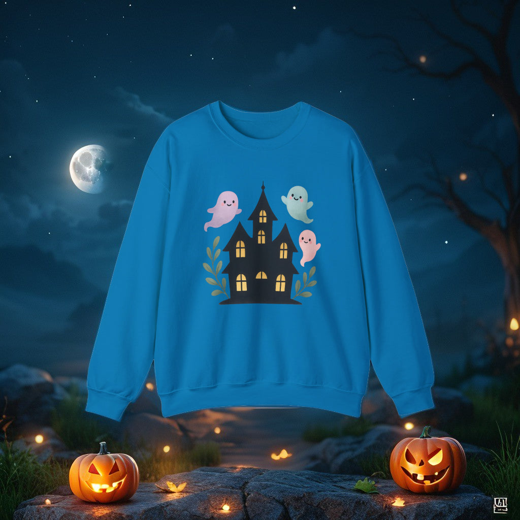 Kawaii Ghosts Halloween Sweatshirt – Cute Haunted House Crewneck, Cozy Unisex Fall Pullover, Adorable Spooky Season Gift