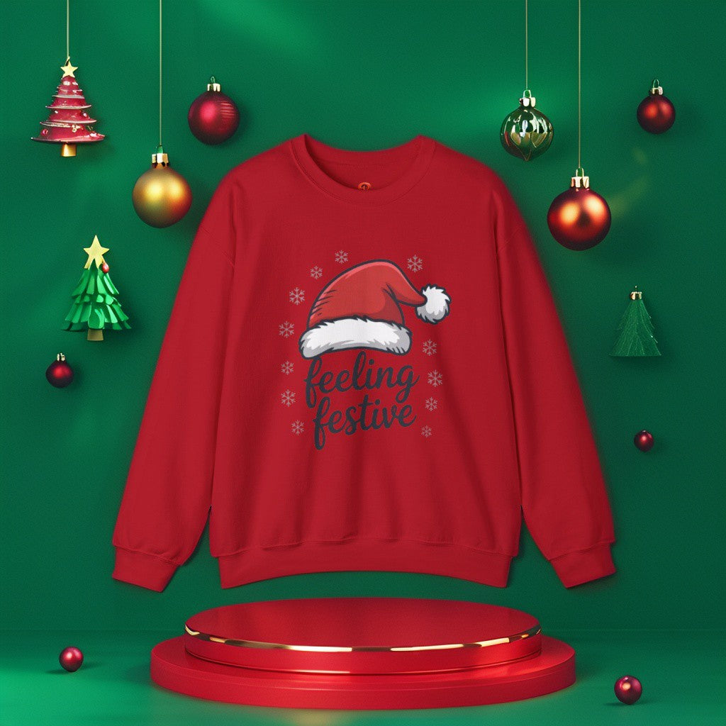 “Feeling Festive Christmas Sweatshirt with Santa Hat & Snowflakes – Cozy Winter Sweater, Holiday Gift, Christmas Gift”