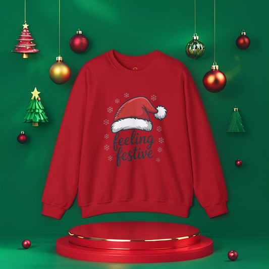 “Feeling Festive Christmas Sweatshirt with Santa Hat & Snowflakes – Cozy Winter Sweater, Holiday Gift, Christmas Gift”