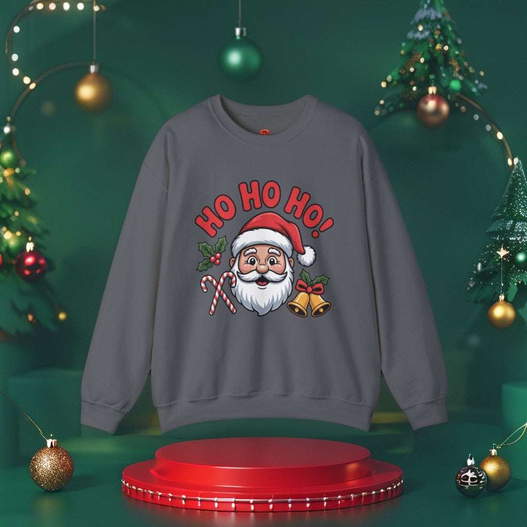 Ho Ho Ho! Christmas sweatshirt – Santa, Bells & Candy Canes Design.