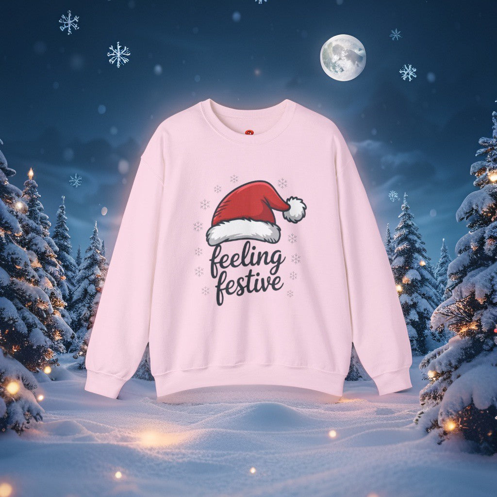 “Feeling Festive Christmas Sweatshirt with Santa Hat & Snowflakes – Cozy Winter Sweater, Holiday Gift, Christmas Gift”