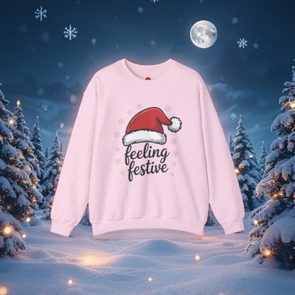 “Feeling Festive Christmas Sweatshirt with Santa Hat & Snowflakes – Cozy Winter Sweater, Holiday Gift, Christmas Gift”