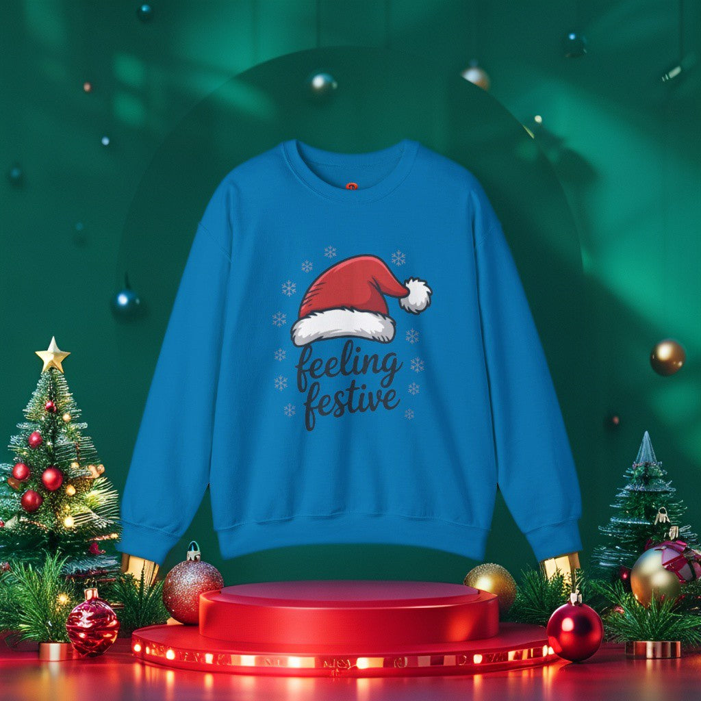 “Feeling Festive Christmas Sweatshirt with Santa Hat & Snowflakes – Cozy Winter Sweater, Holiday Gift, Christmas Gift”