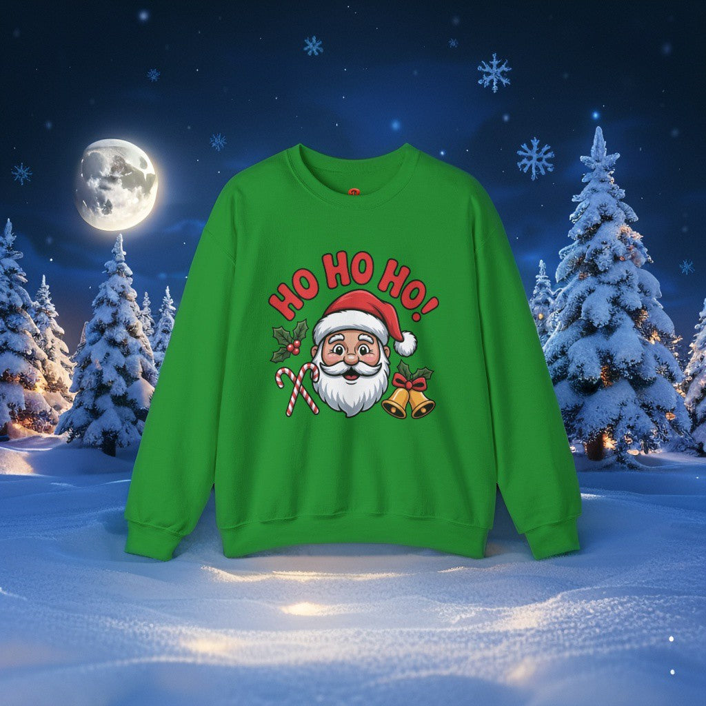 Ho Ho Ho! Christmas sweatshirt – Santa, Bells & Candy Canes Design.