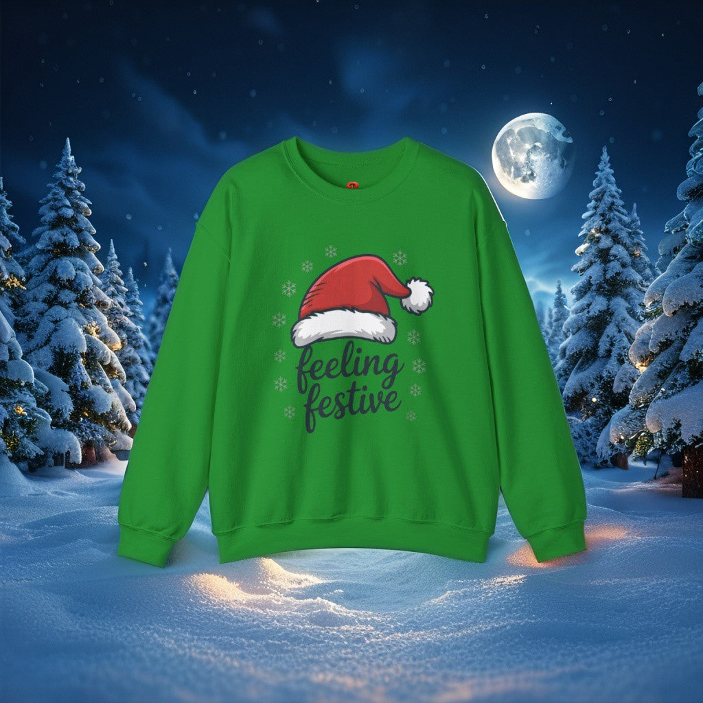 “Feeling Festive Christmas Sweatshirt with Santa Hat & Snowflakes – Cozy Winter Sweater, Holiday Gift, Christmas Gift”