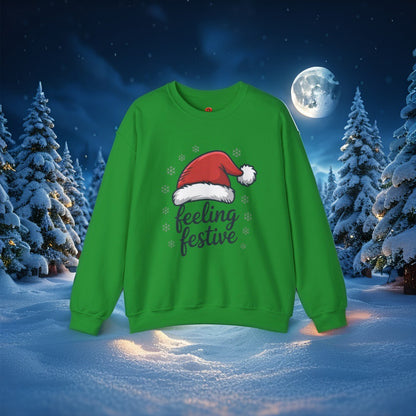 “Feeling Festive Christmas Sweatshirt with Santa Hat & Snowflakes – Cozy Winter Sweater, Holiday Gift, Christmas Gift”