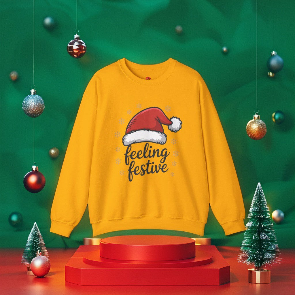 “Feeling Festive Christmas Sweatshirt with Santa Hat & Snowflakes – Cozy Winter Sweater, Holiday Gift, Christmas Gift”