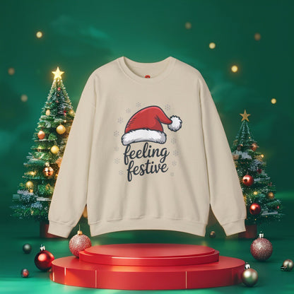 “Feeling Festive Christmas Sweatshirt with Santa Hat & Snowflakes – Cozy Winter Sweater, Holiday Gift, Christmas Gift”
