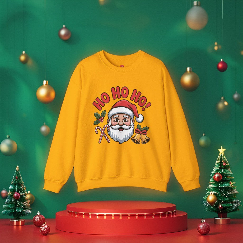 Ho Ho Ho! Christmas sweatshirt – Santa, Bells & Candy Canes Design.