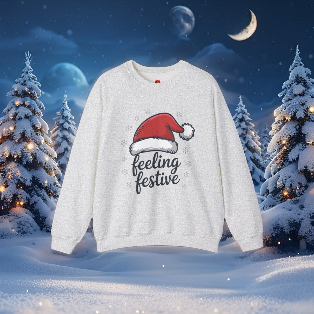 “Feeling Festive Christmas Sweatshirt with Santa Hat & Snowflakes – Cozy Winter Sweater, Holiday Gift, Christmas Gift”
