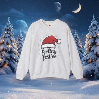 “Feeling Festive Christmas Sweatshirt with Santa Hat & Snowflakes – Cozy Winter Sweater, Holiday Gift, Christmas Gift”