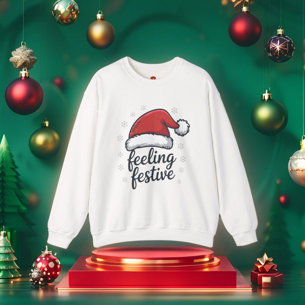“Feeling Festive Christmas Sweatshirt with Santa Hat & Snowflakes – Cozy Winter Sweater, Holiday Gift, Christmas Gift”