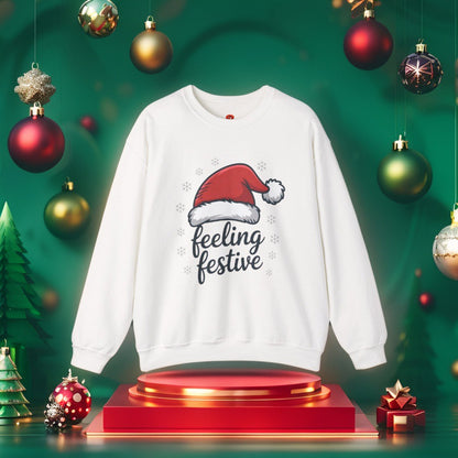 “Feeling Festive Christmas Sweatshirt with Santa Hat & Snowflakes – Cozy Winter Sweater, Holiday Gift, Christmas Gift”