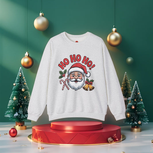Ho Ho Ho! Christmas sweatshirt – Santa, Bells & Candy Canes Design.