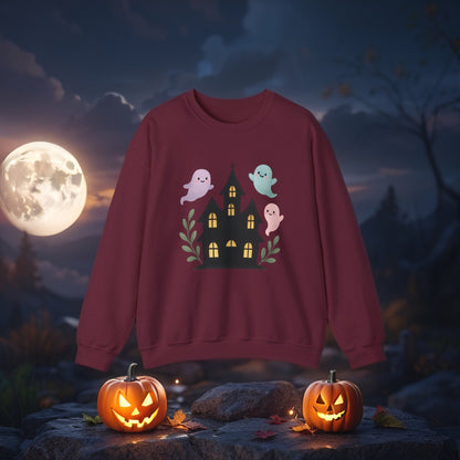 Kawaii Ghosts Halloween Sweatshirt – Cute Haunted House Crewneck, Cozy Unisex Fall Pullover, Adorable Spooky Season Gift