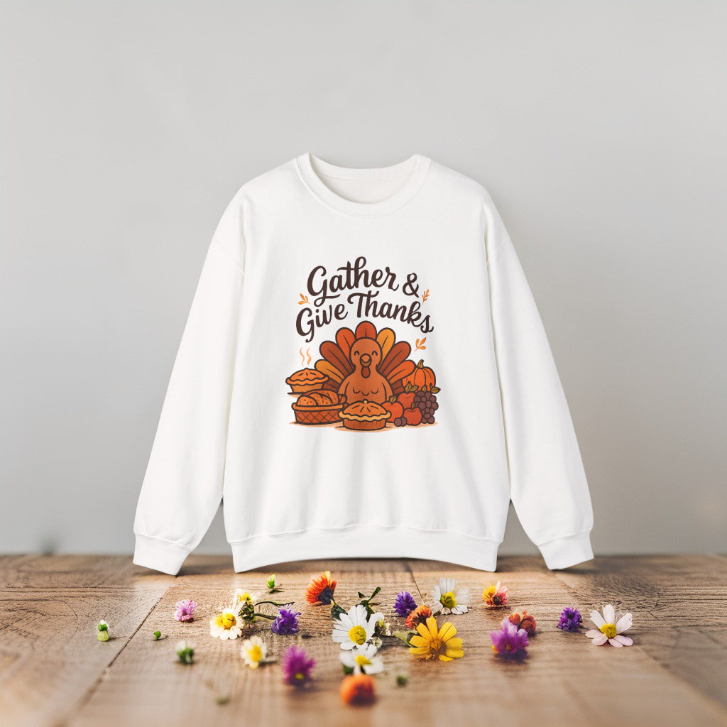 Thanksgiving Sweatshirt “Gather and Give Thanks” - Cozy Unisex Fall Crewneck Gift Idea