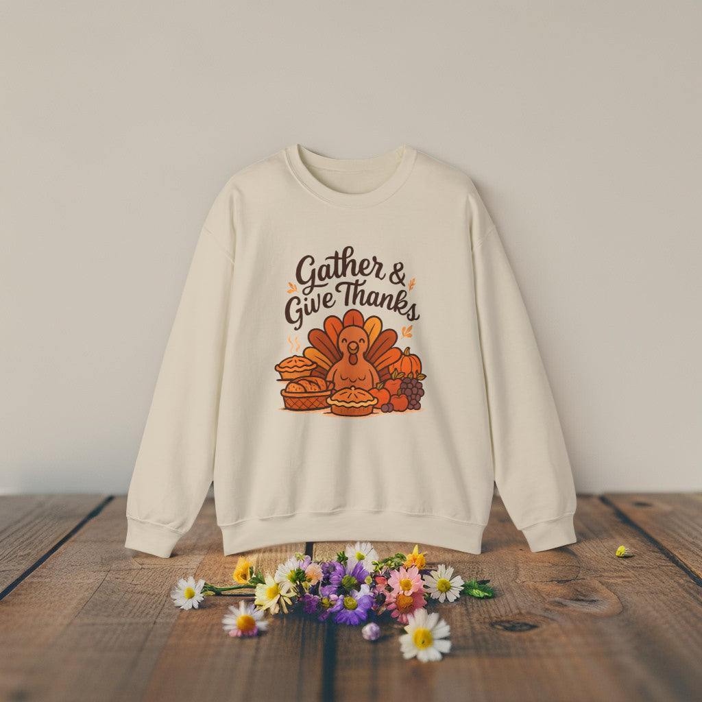 Thanksgiving Sweatshirt “Gather and Give Thanks” - Cozy Unisex Fall Crewneck Gift Idea