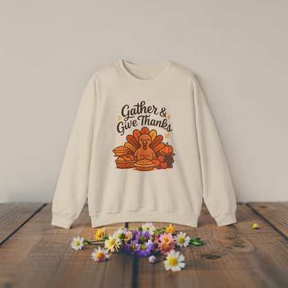 Thanksgiving Sweatshirt “Gather and Give Thanks” - Cozy Unisex Fall Crewneck Gift Idea