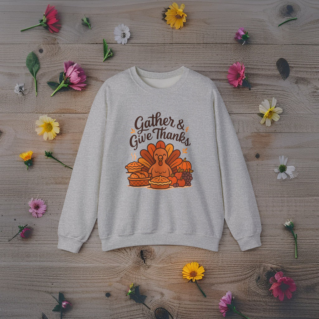 Thanksgiving Sweatshirt “Gather and Give Thanks” - Cozy Unisex Fall Crewneck Gift Idea