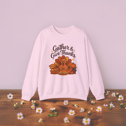Thanksgiving Sweatshirt “Gather and Give Thanks” - Cozy Unisex Fall Crewneck Gift Idea