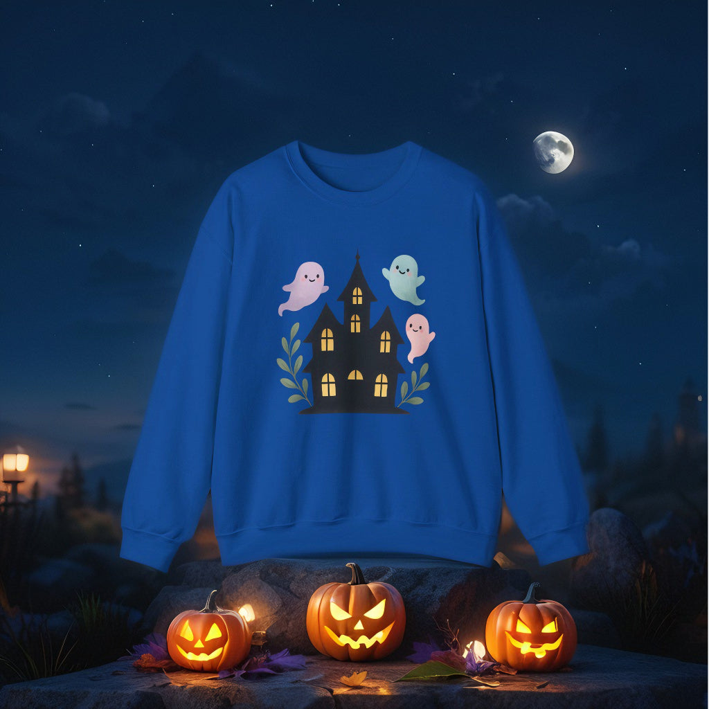 Kawaii Ghosts Halloween Sweatshirt – Cute Haunted House Crewneck, Cozy Unisex Fall Pullover, Adorable Spooky Season Gift