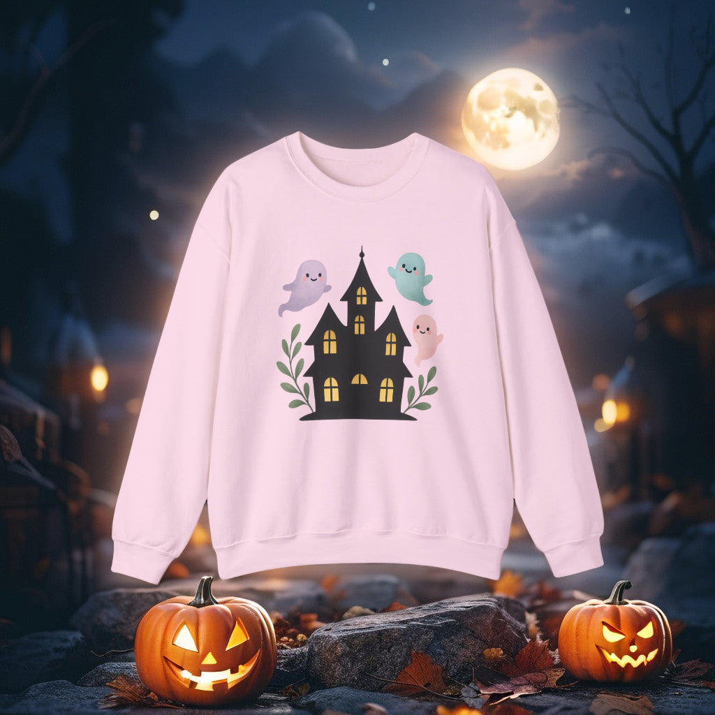 Kawaii Ghosts Halloween Sweatshirt – Cute Haunted House Crewneck, Cozy Unisex Fall Pullover, Adorable Spooky Season Gift