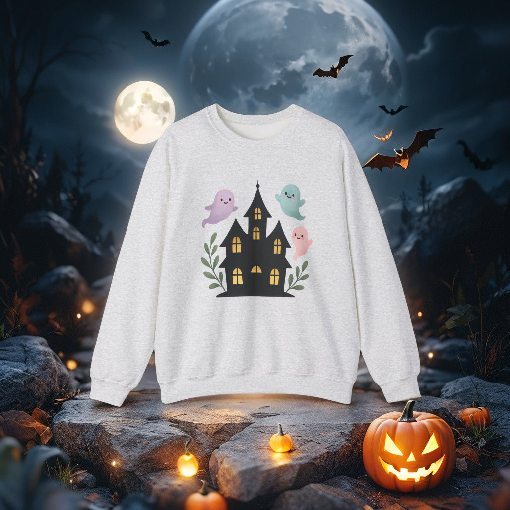 Kawaii Ghosts Halloween Sweatshirt – Cute Haunted House Crewneck, Cozy Unisex Fall Pullover, Adorable Spooky Season Gift