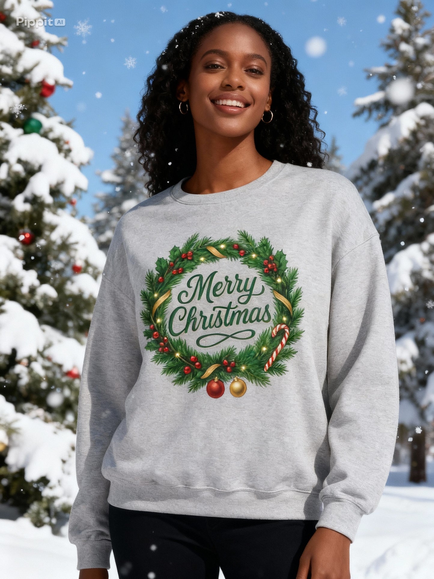 Christmas Holiday Sweatshirt with Festive Wreath Design – Unisex Xmas Sweater