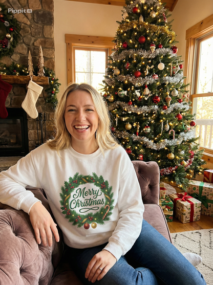 Christmas Holiday Sweatshirt with Festive Wreath Design – Unisex Xmas Sweater