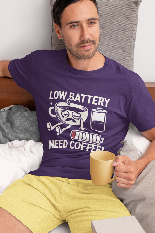 Shirt Low Battery Need Coffee – Funny Unisex Tee for Coffee Lovers